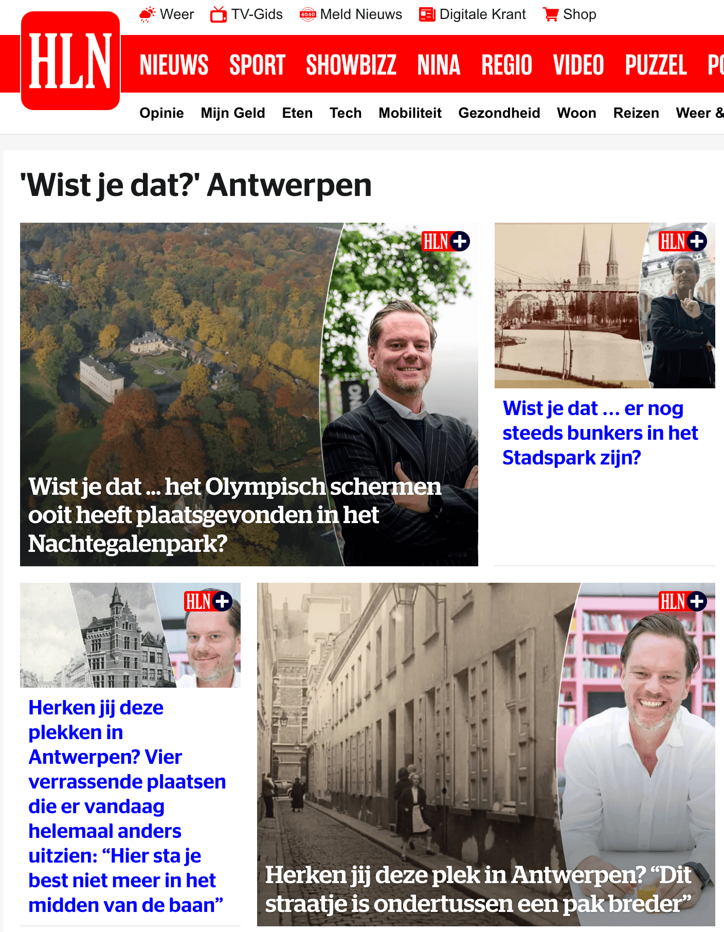 Website layout with articles and images about locations in Antwerp, including text snippets and portraits.