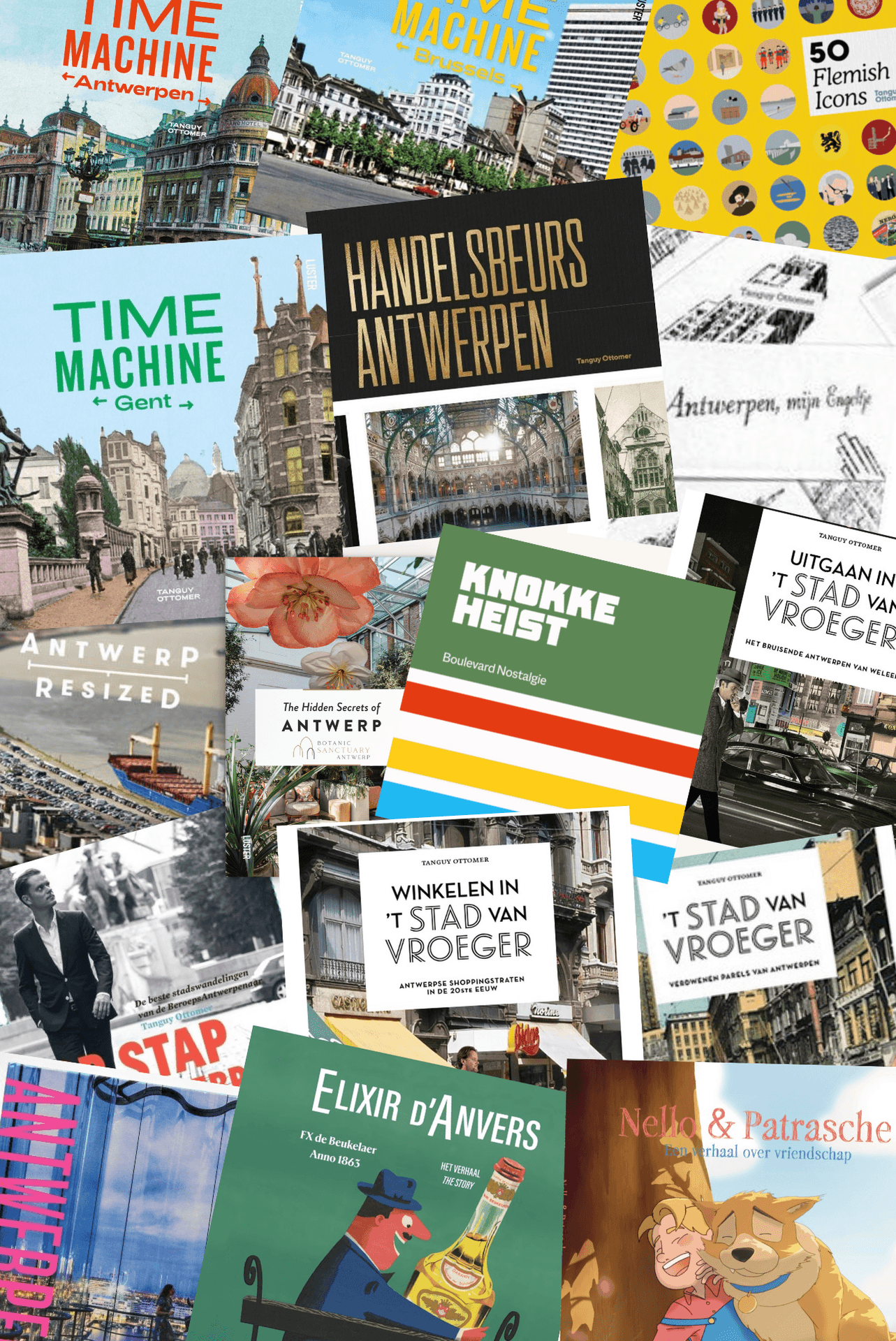 Collage of book covers featuring themes related to Antwerp and nostalgic locations.